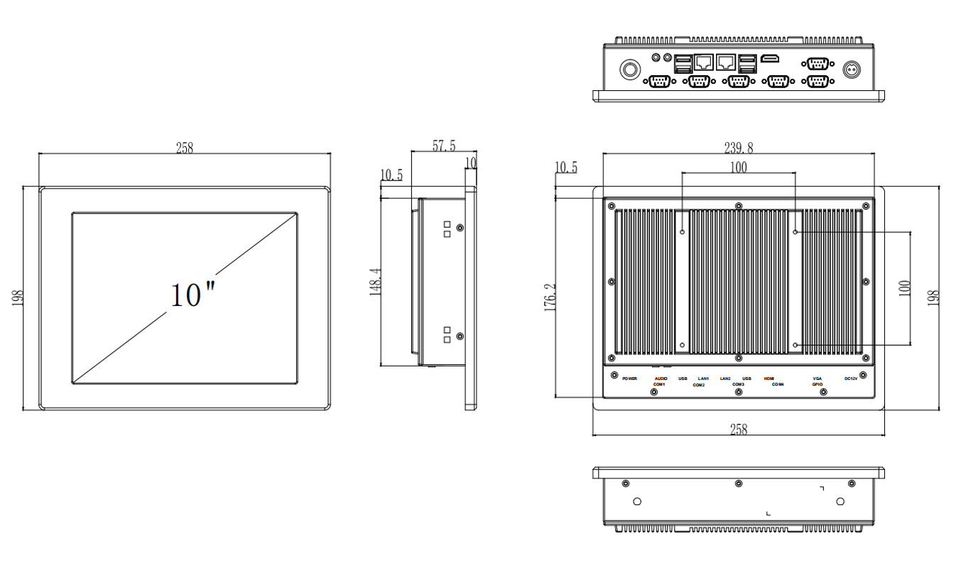 Dimension of 10 inch J1900 Core I3/I5/I7 Resistive Touch Panel PC