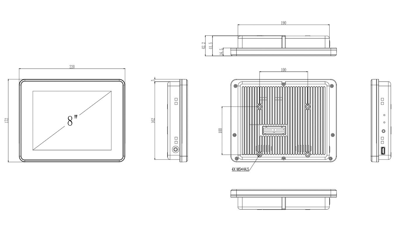 Dimension of 8 Inch E3825/E3845 Harness Vehicle Mount Computer